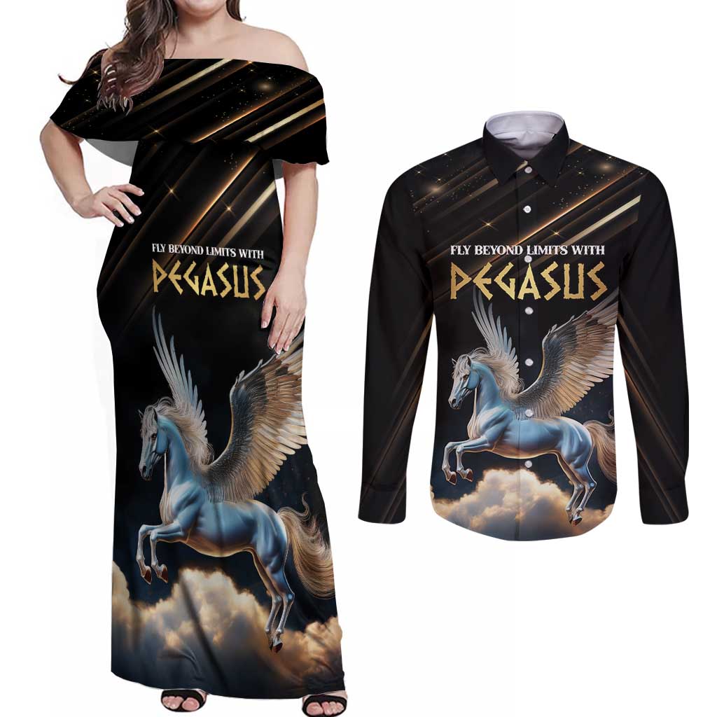 Personalized Fly Beyond Limits With Pegasus Couples Matching Off Shoulder Maxi Dress and Long Sleeve Button Shirt