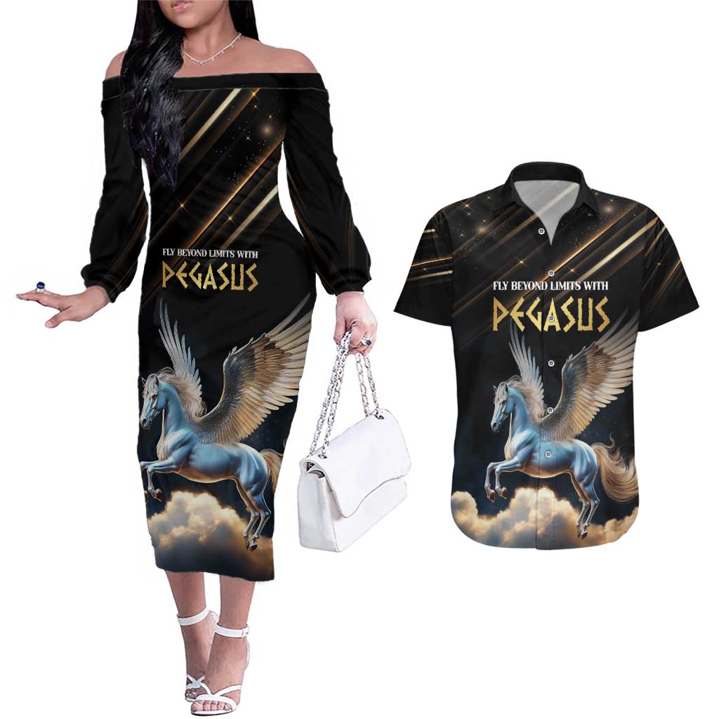 Personalized Fly Beyond Limits With Pegasus Couples Matching Off The Shoulder Long Sleeve Dress and Hawaiian Shirt