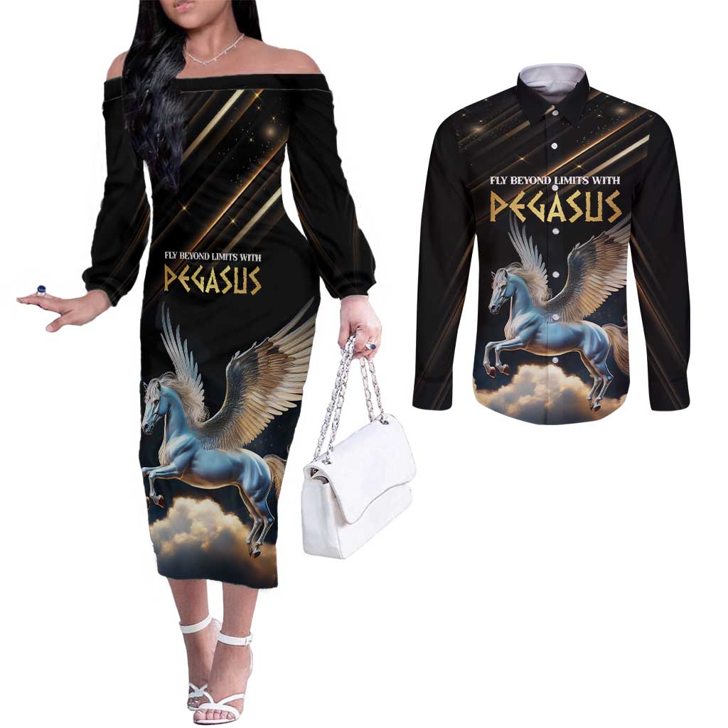 Personalized Fly Beyond Limits With Pegasus Couples Matching Off The Shoulder Long Sleeve Dress and Long Sleeve Button Shirt