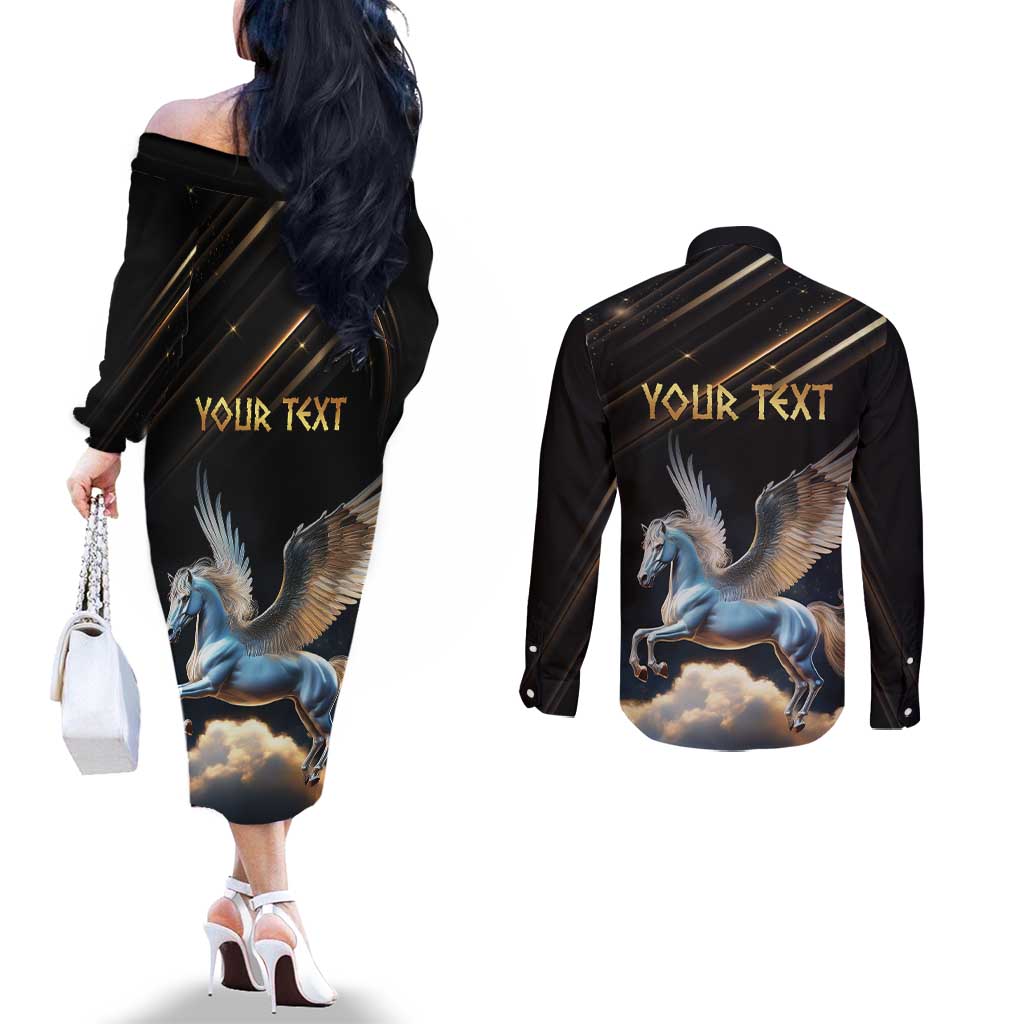 Personalized Fly Beyond Limits With Pegasus Couples Matching Off The Shoulder Long Sleeve Dress and Long Sleeve Button Shirt