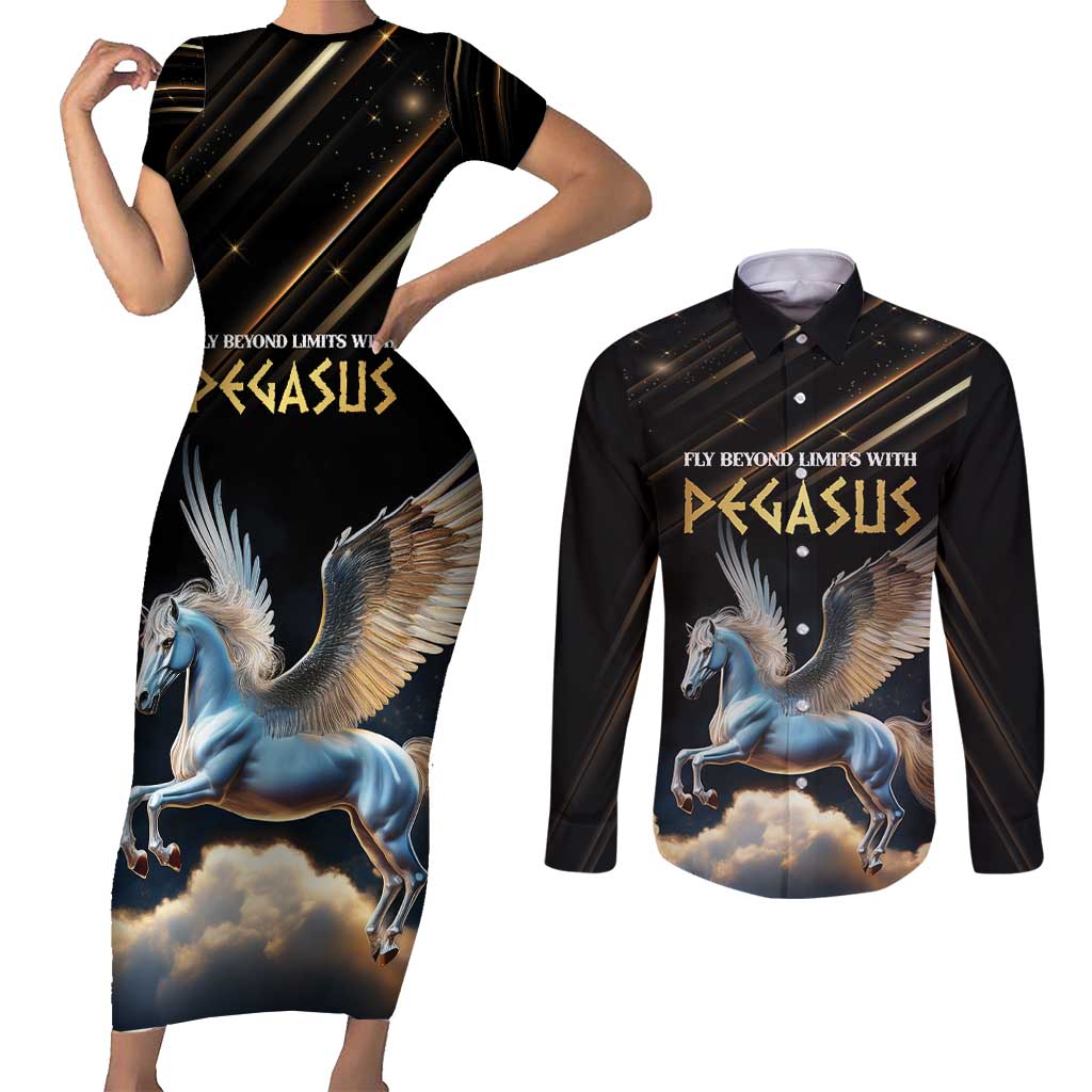 Personalized Fly Beyond Limits With Pegasus Couples Matching Short Sleeve Bodycon Dress and Long Sleeve Button Shirt