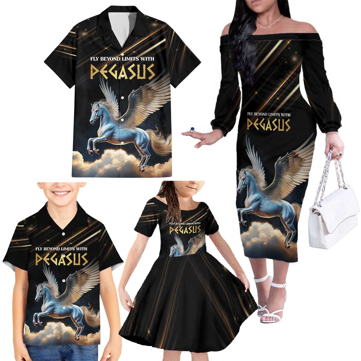 Personalized Fly Beyond Limits With Pegasus Family Matching Off The Shoulder Long Sleeve Dress and Hawaiian Shirt