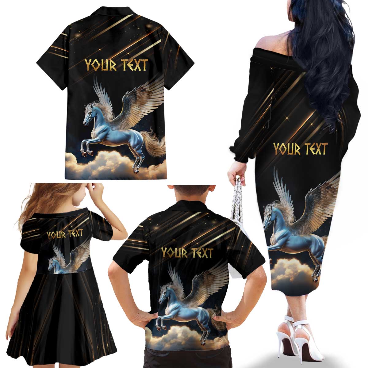 Personalized Fly Beyond Limits With Pegasus Family Matching Off The Shoulder Long Sleeve Dress and Hawaiian Shirt