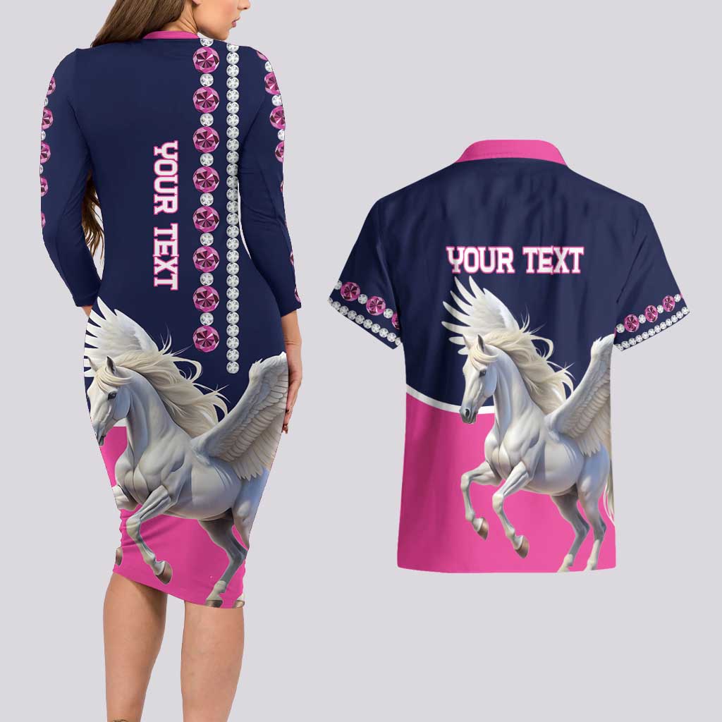 Personalized Pegasus Horse Racing Couples Matching Long Sleeve Bodycon Dress and Hawaiian Shirt Diamond Luxury Style