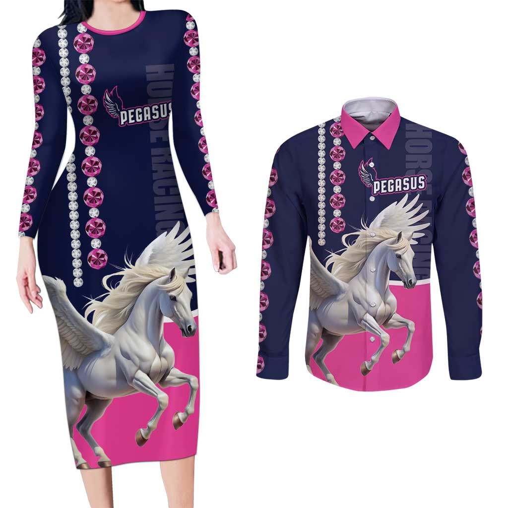 Personalized Pegasus Horse Racing Couples Matching Long Sleeve Bodycon Dress and Long Sleeve Button Shirt Diamond Luxury Style