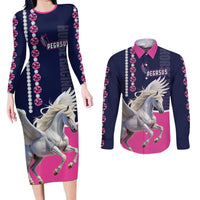 Personalized Pegasus Horse Racing Couples Matching Long Sleeve Bodycon Dress and Long Sleeve Button Shirt Diamond Luxury Style