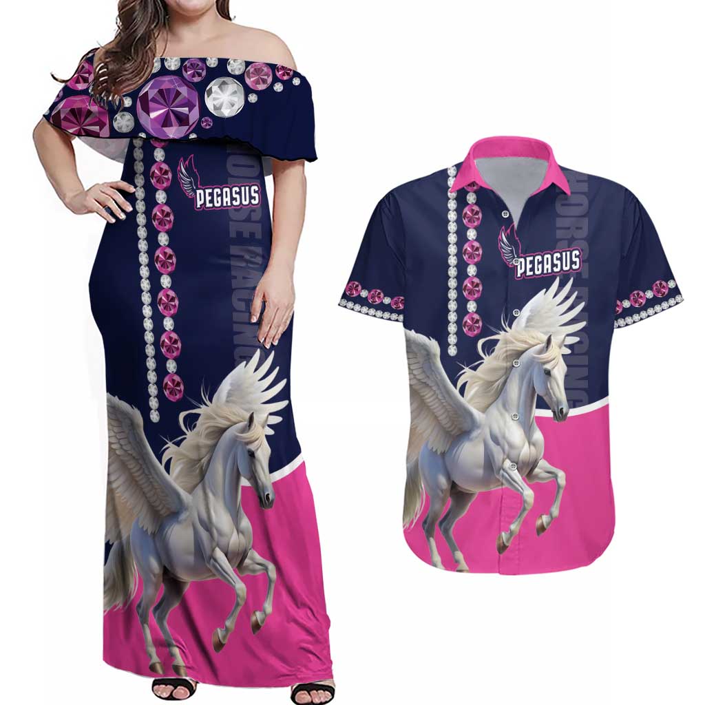 Personalized Pegasus Horse Racing Couples Matching Off Shoulder Maxi Dress and Hawaiian Shirt Diamond Luxury Style