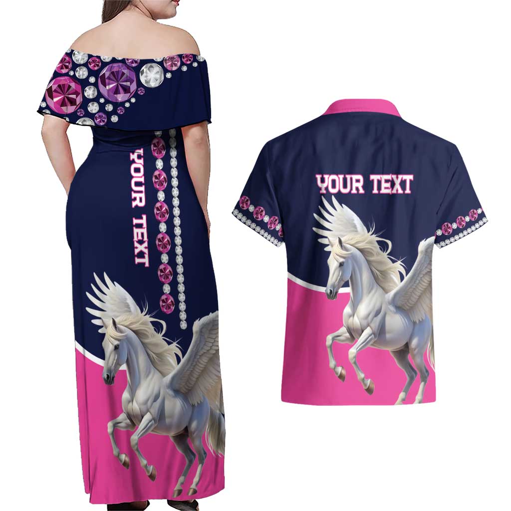 Personalized Pegasus Horse Racing Couples Matching Off Shoulder Maxi Dress and Hawaiian Shirt Diamond Luxury Style