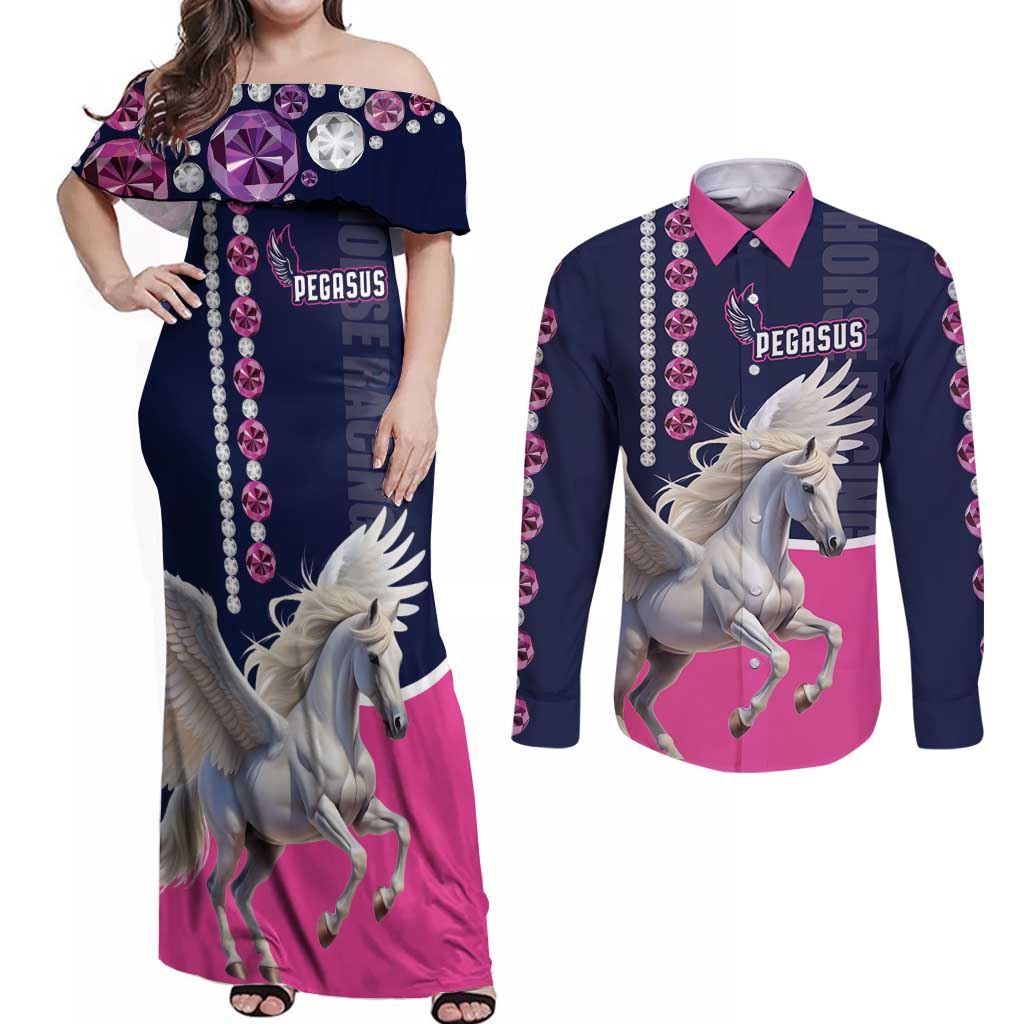 Personalized Pegasus Horse Racing Couples Matching Off Shoulder Maxi Dress and Long Sleeve Button Shirt Diamond Luxury Style