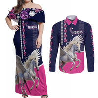 Personalized Pegasus Horse Racing Couples Matching Off Shoulder Maxi Dress and Long Sleeve Button Shirt Diamond Luxury Style