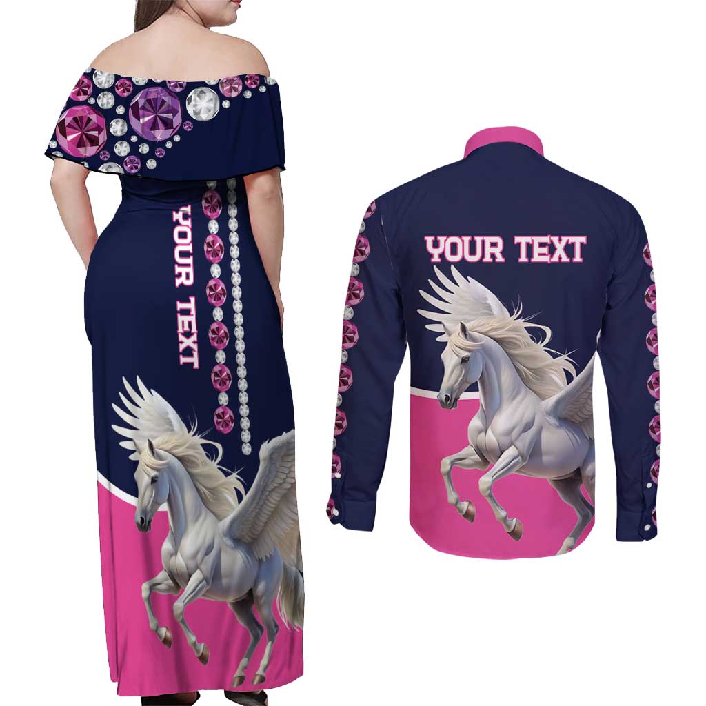 Personalized Pegasus Horse Racing Couples Matching Off Shoulder Maxi Dress and Long Sleeve Button Shirt Diamond Luxury Style