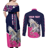 Personalized Pegasus Horse Racing Couples Matching Off Shoulder Maxi Dress and Long Sleeve Button Shirt Diamond Luxury Style