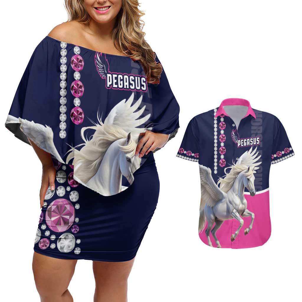 Personalized Pegasus Horse Racing Couples Matching Off Shoulder Short Dress and Hawaiian Shirt Diamond Luxury Style