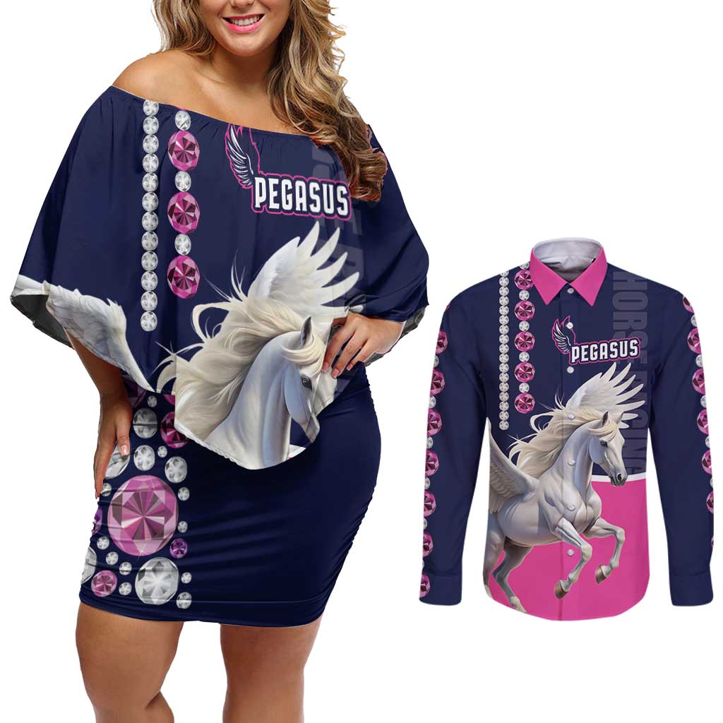 Personalized Pegasus Horse Racing Couples Matching Off Shoulder Short Dress and Long Sleeve Button Shirt Diamond Luxury Style