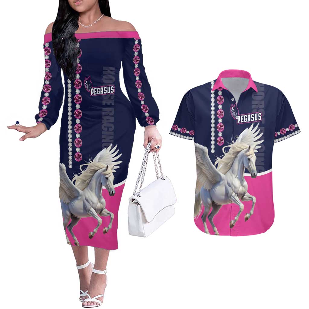 Personalized Pegasus Horse Racing Couples Matching Off The Shoulder Long Sleeve Dress and Hawaiian Shirt Diamond Luxury Style