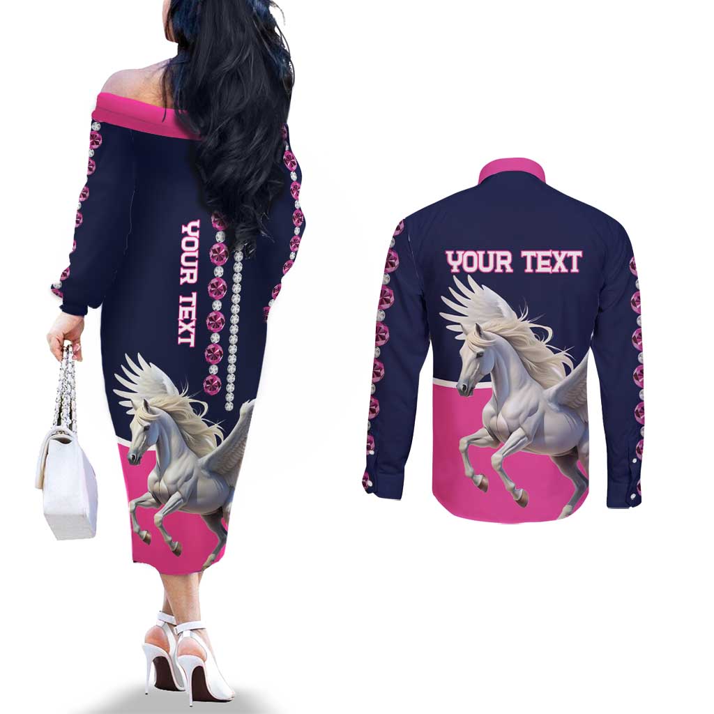Personalized Pegasus Horse Racing Couples Matching Off The Shoulder Long Sleeve Dress and Long Sleeve Button Shirt Diamond Luxury Style