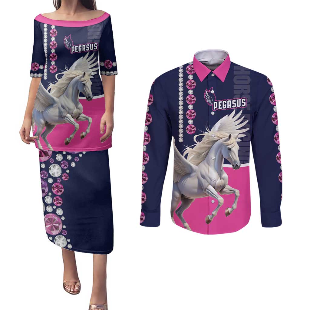 Personalized Pegasus Horse Racing Couples Matching Puletasi and Long Sleeve Button Shirt Diamond Luxury Style