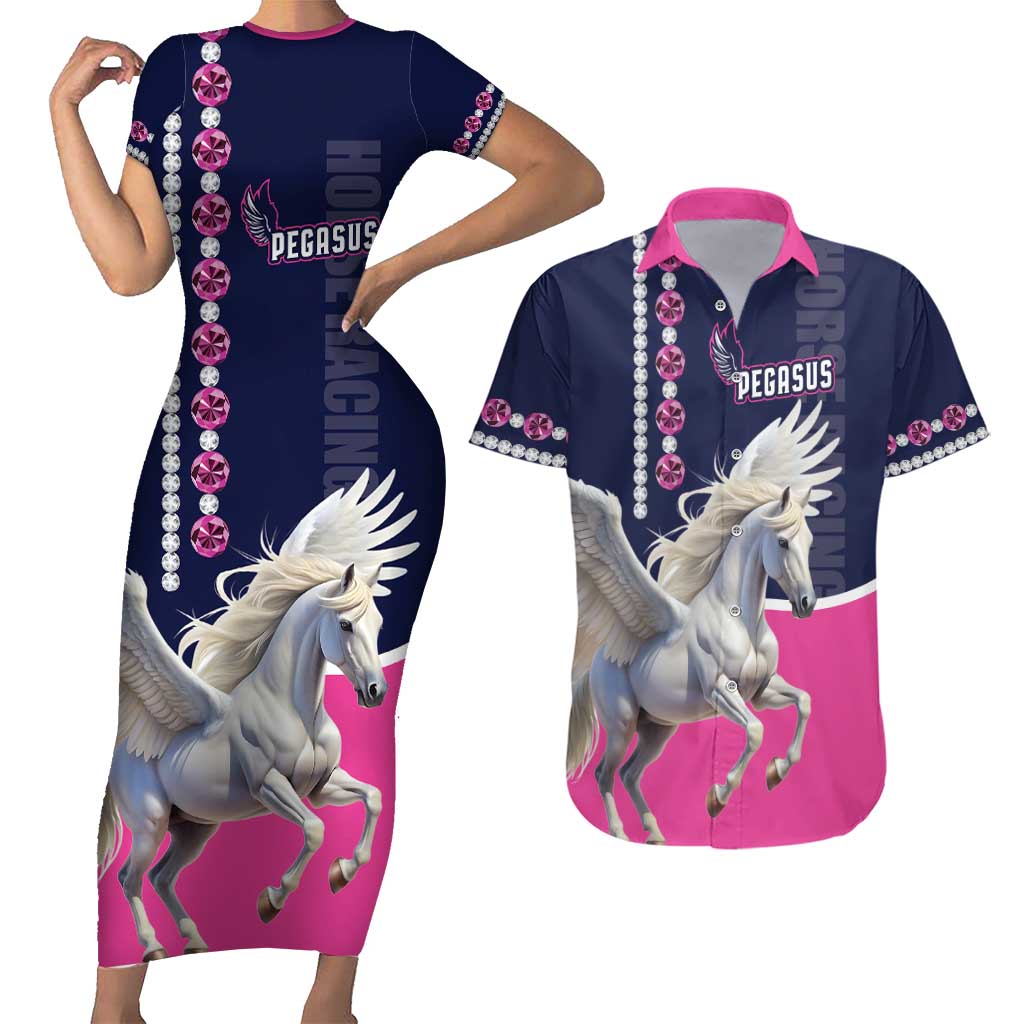 Personalized Pegasus Horse Racing Couples Matching Short Sleeve Bodycon Dress and Hawaiian Shirt Diamond Luxury Style