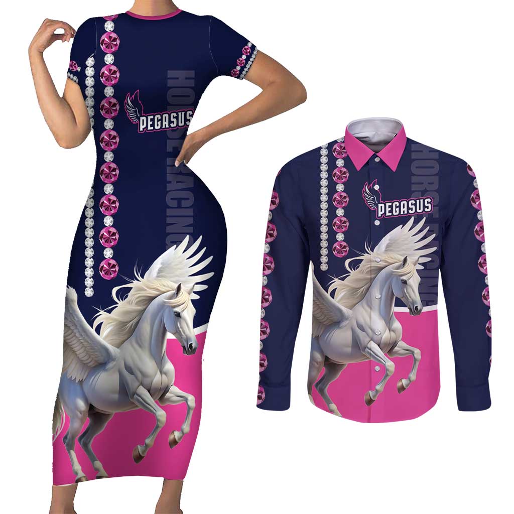 Personalized Pegasus Horse Racing Couples Matching Short Sleeve Bodycon Dress and Long Sleeve Button Shirt Diamond Luxury Style