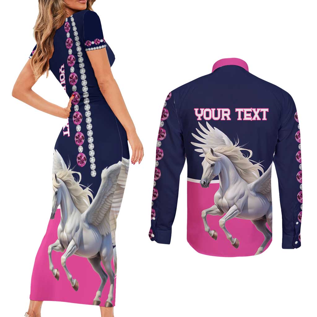 Personalized Pegasus Horse Racing Couples Matching Short Sleeve Bodycon Dress and Long Sleeve Button Shirt Diamond Luxury Style