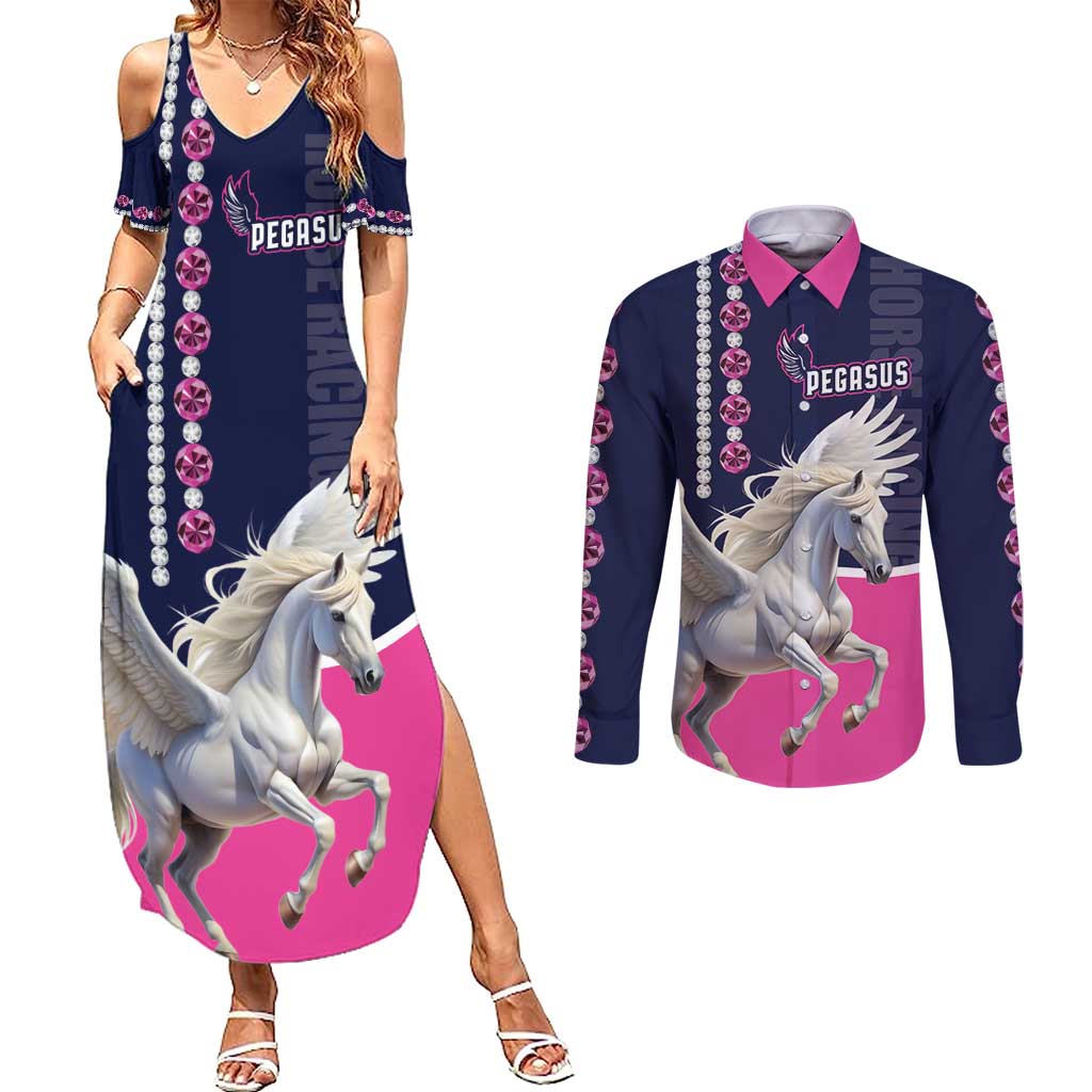 Personalized Pegasus Horse Racing Couples Matching Summer Maxi Dress and Long Sleeve Button Shirt Diamond Luxury Style