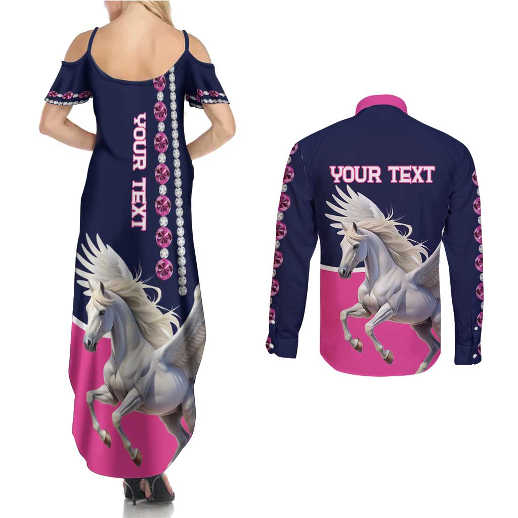 Personalized Pegasus Horse Racing Couples Matching Summer Maxi Dress and Long Sleeve Button Shirt Diamond Luxury Style