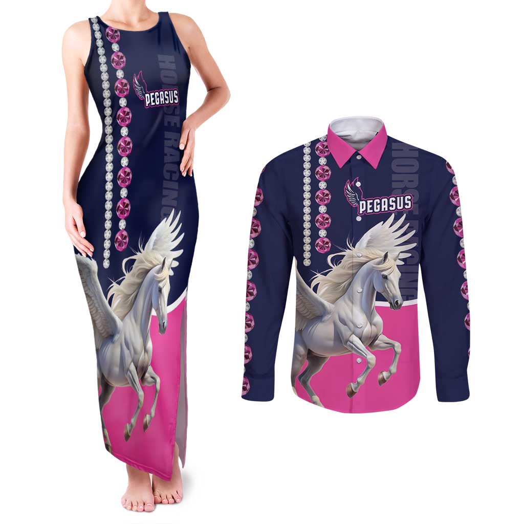 Personalized Pegasus Horse Racing Couples Matching Tank Maxi Dress and Long Sleeve Button Shirt Diamond Luxury Style