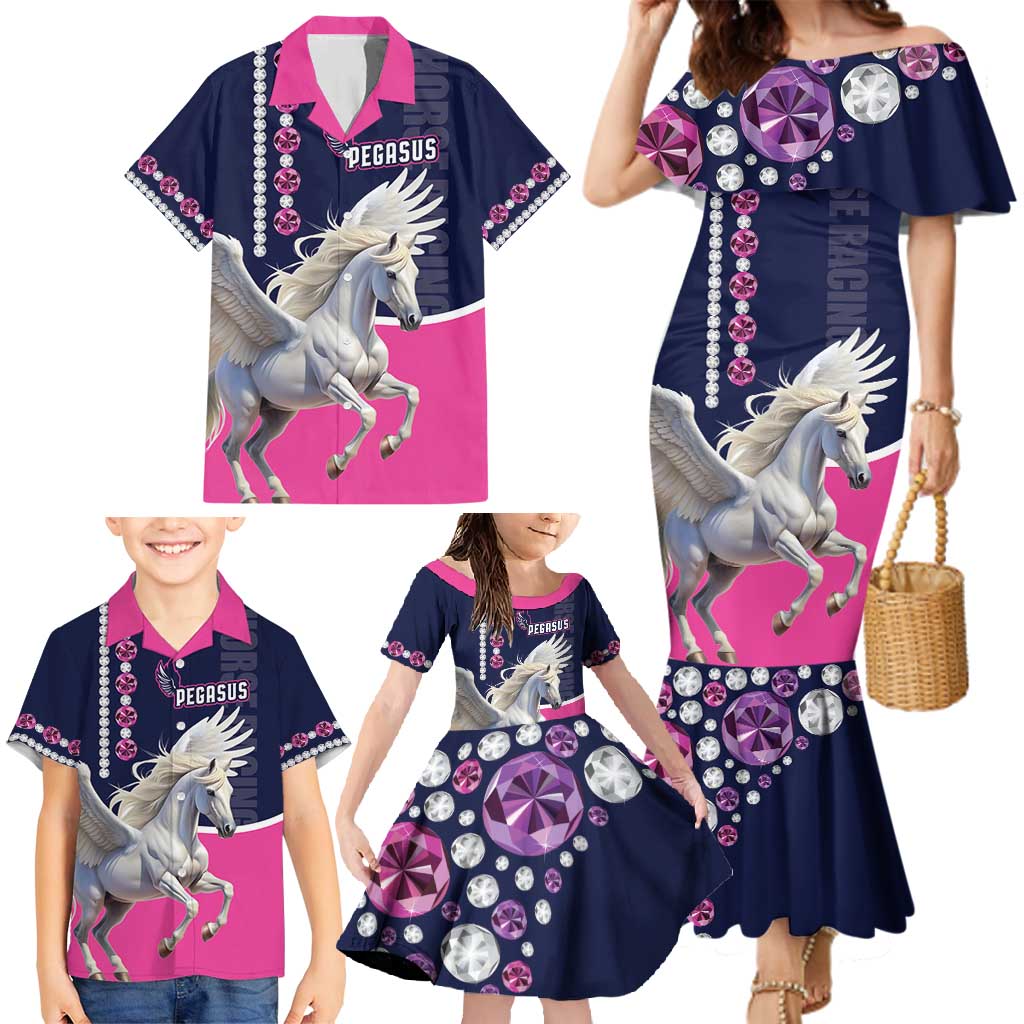 Personalized Pegasus Horse Racing Family Matching Mermaid Dress and Hawaiian Shirt Diamond Luxury Style