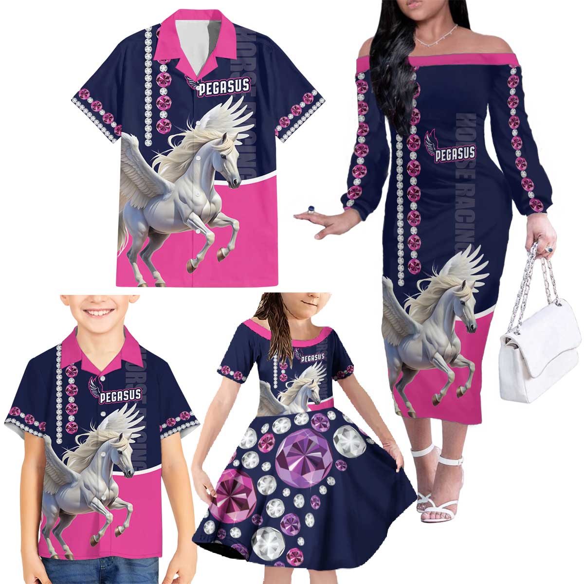 Personalized Pegasus Horse Racing Family Matching Off The Shoulder Long Sleeve Dress and Hawaiian Shirt Diamond Luxury Style