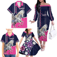 Personalized Pegasus Horse Racing Family Matching Off The Shoulder Long Sleeve Dress and Hawaiian Shirt Diamond Luxury Style