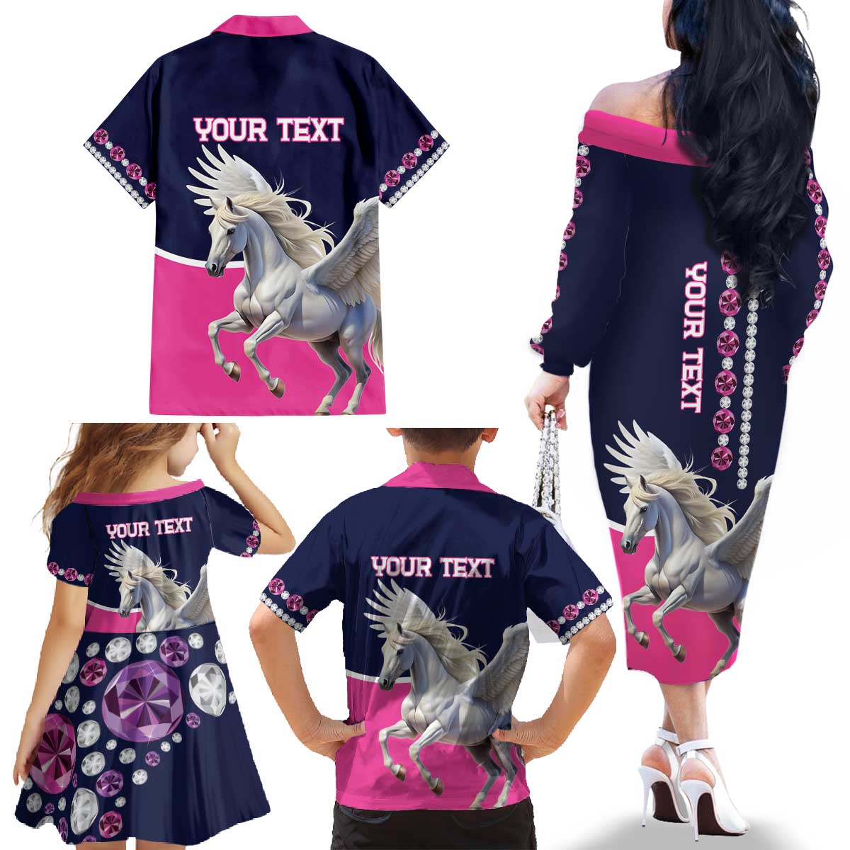Personalized Pegasus Horse Racing Family Matching Off The Shoulder Long Sleeve Dress and Hawaiian Shirt Diamond Luxury Style