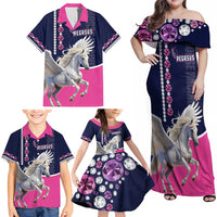 Personalized Pegasus Horse Racing Family Matching Off Shoulder Maxi Dress and Hawaiian Shirt Diamond Luxury Style