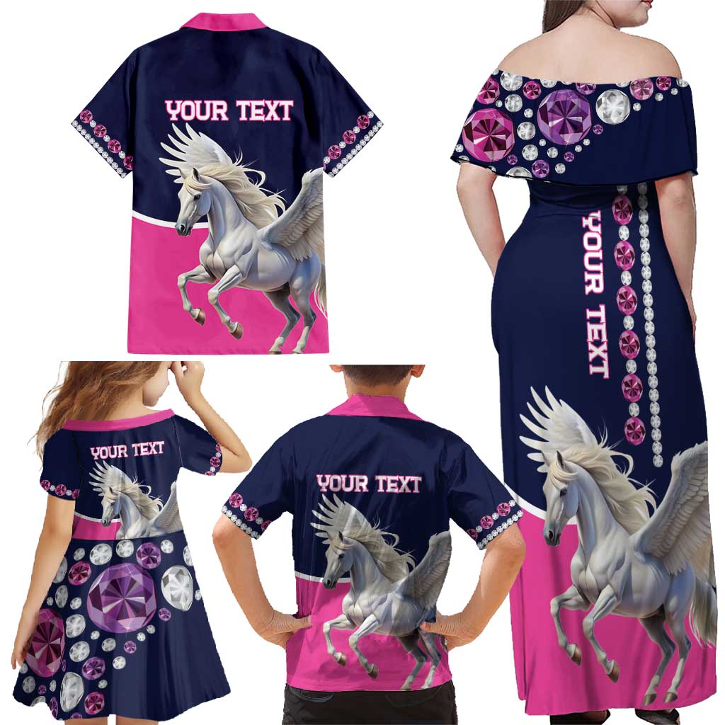 Personalized Pegasus Horse Racing Family Matching Off Shoulder Maxi Dress and Hawaiian Shirt Diamond Luxury Style