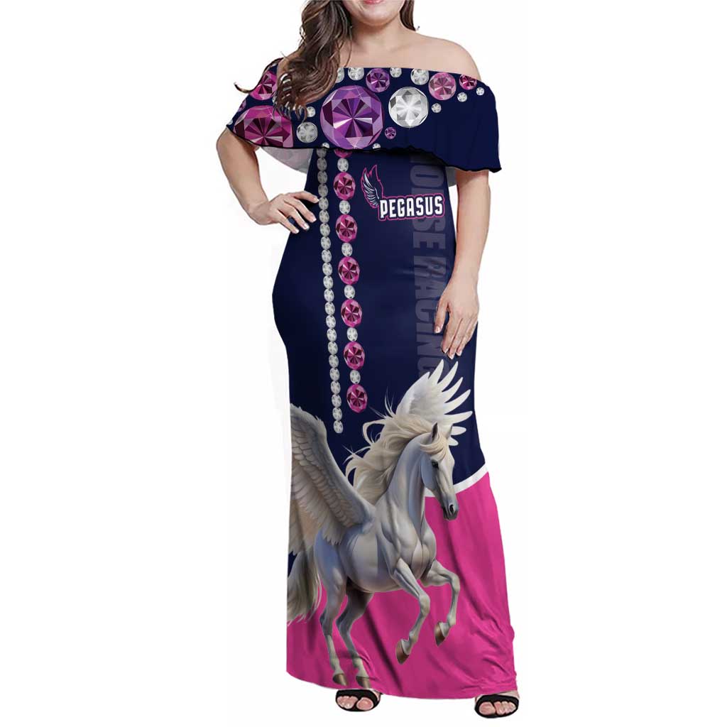 Personalized Pegasus Horse Racing Family Matching Off Shoulder Maxi Dress and Hawaiian Shirt Diamond Luxury Style