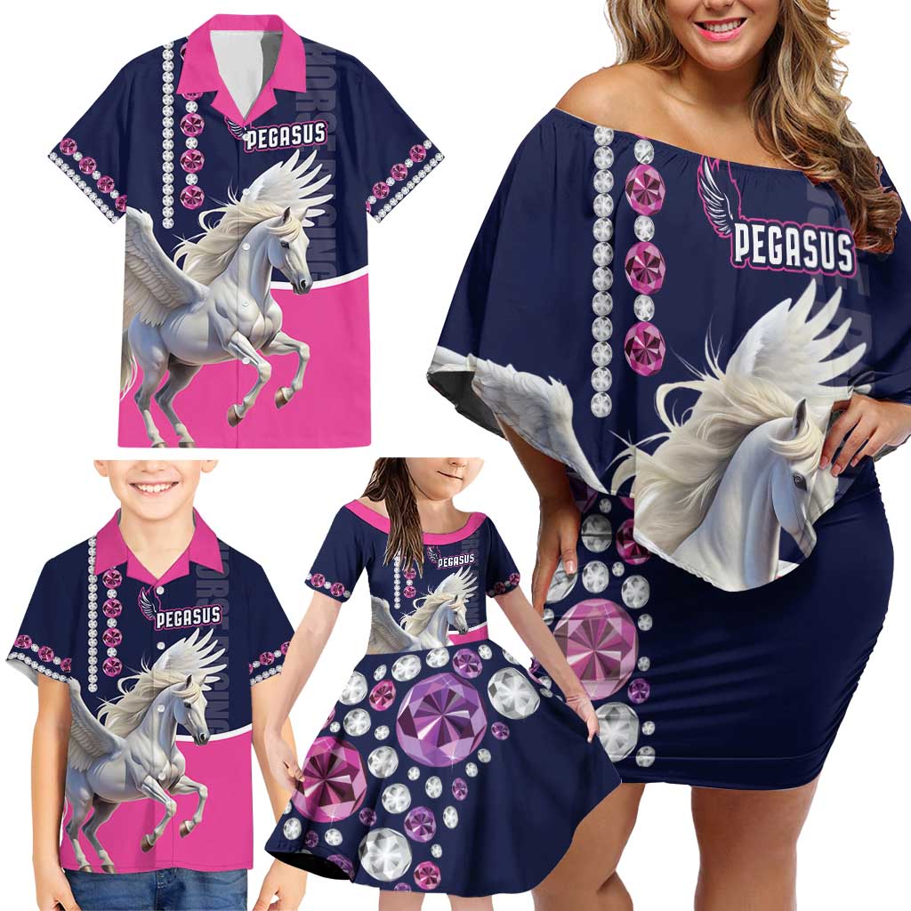 Personalized Pegasus Horse Racing Family Matching Off Shoulder Short Dress and Hawaiian Shirt Diamond Luxury Style