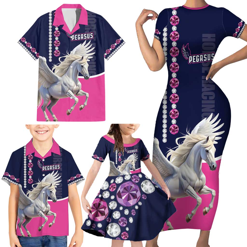 Personalized Pegasus Horse Racing Family Matching Short Sleeve Bodycon Dress and Hawaiian Shirt Diamond Luxury Style - Wonder Print Shop
