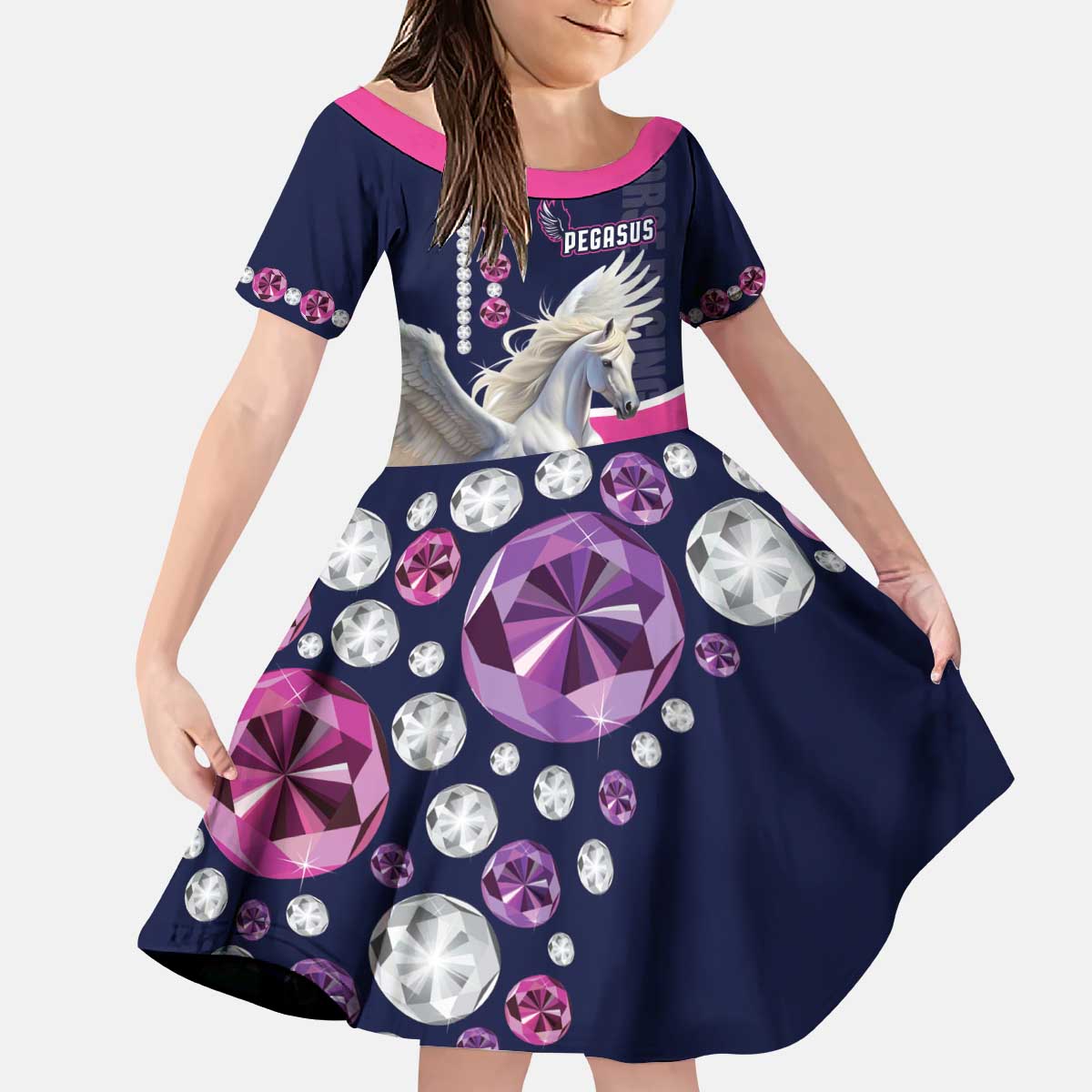 Personalized Pegasus Horse Racing Kid Short Sleeve Dress Diamond Luxury Style - Wonder Print Shop