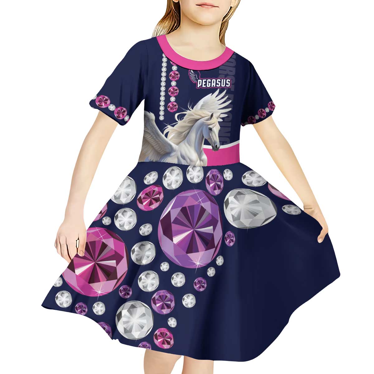 Personalized Pegasus Horse Racing Kid Short Sleeve Dress Diamond Luxury Style - Wonder Print Shop