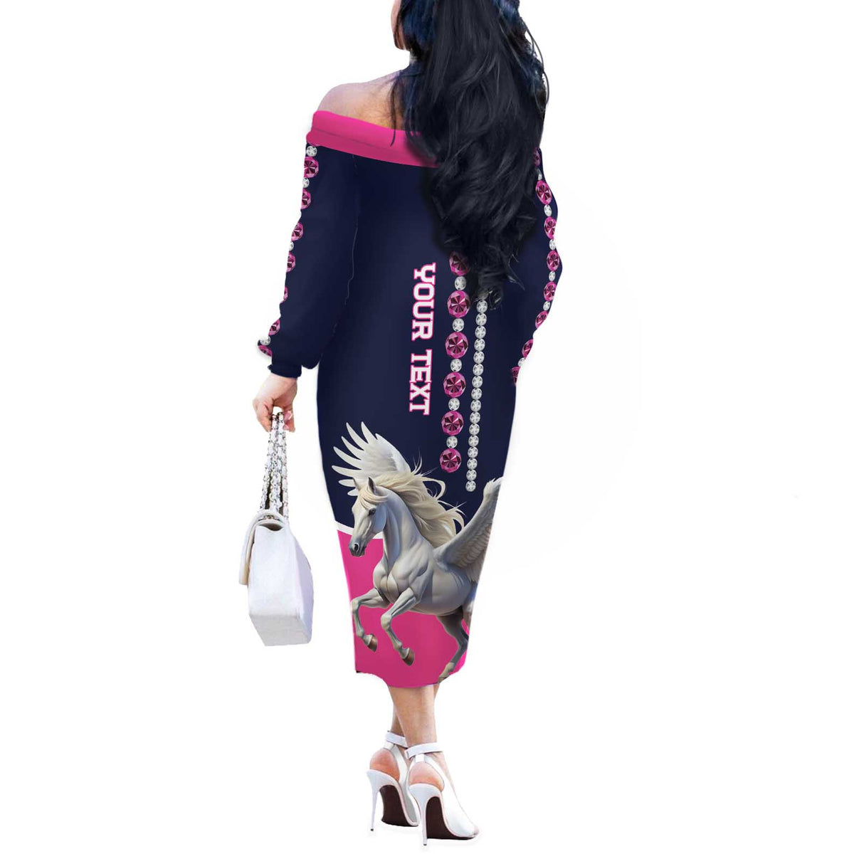 Personalized Pegasus Horse Racing Off The Shoulder Long Sleeve Dress Diamond Luxury Style - Wonder Print Shop
