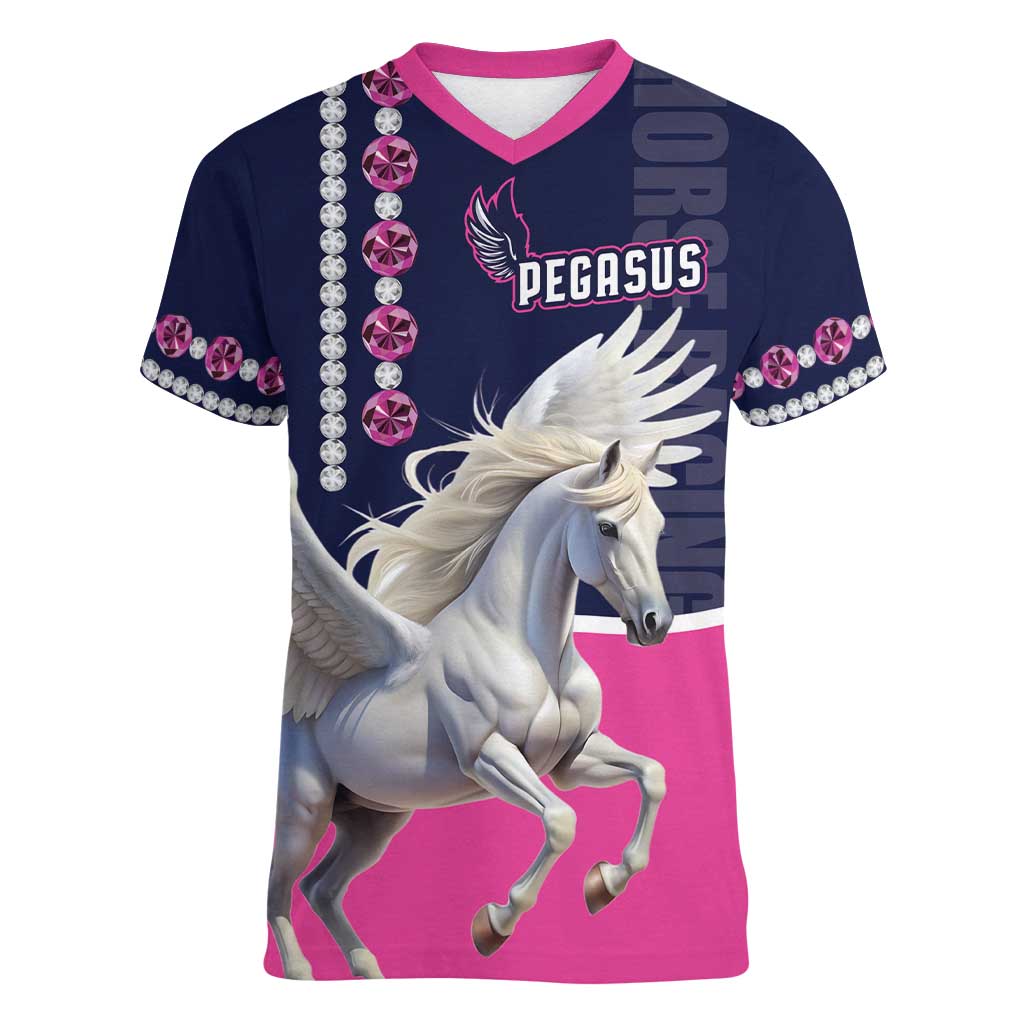 Personalized Pegasus Horse Racing Women V-Neck T-Shirt Diamond Luxury Style - Wonder Print Shop