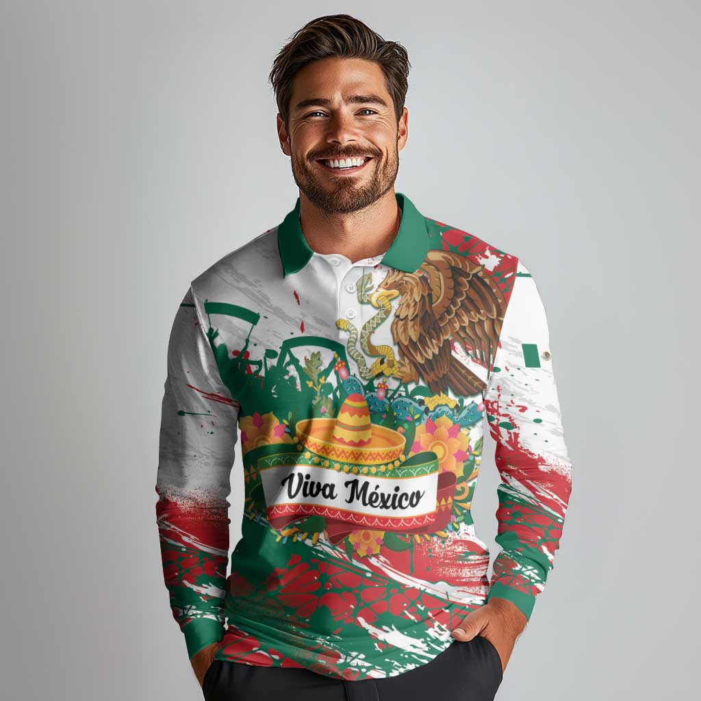 Viva Mexico Long Sleeve Polo Shirt Grunge Style