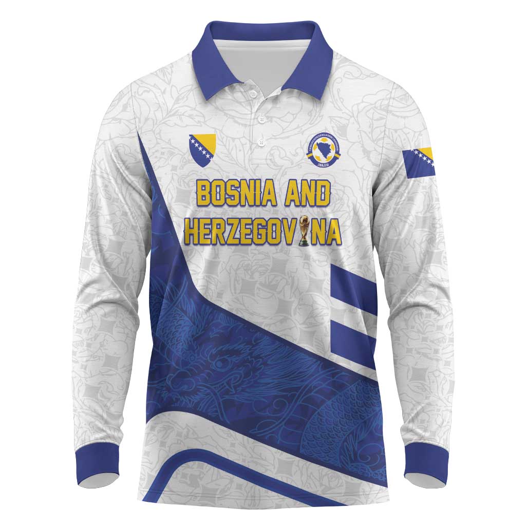 Custom Football 2026 Bosnia and Herzegovina White Long Sleeve Polo Shirt Zmajevi Go Champion