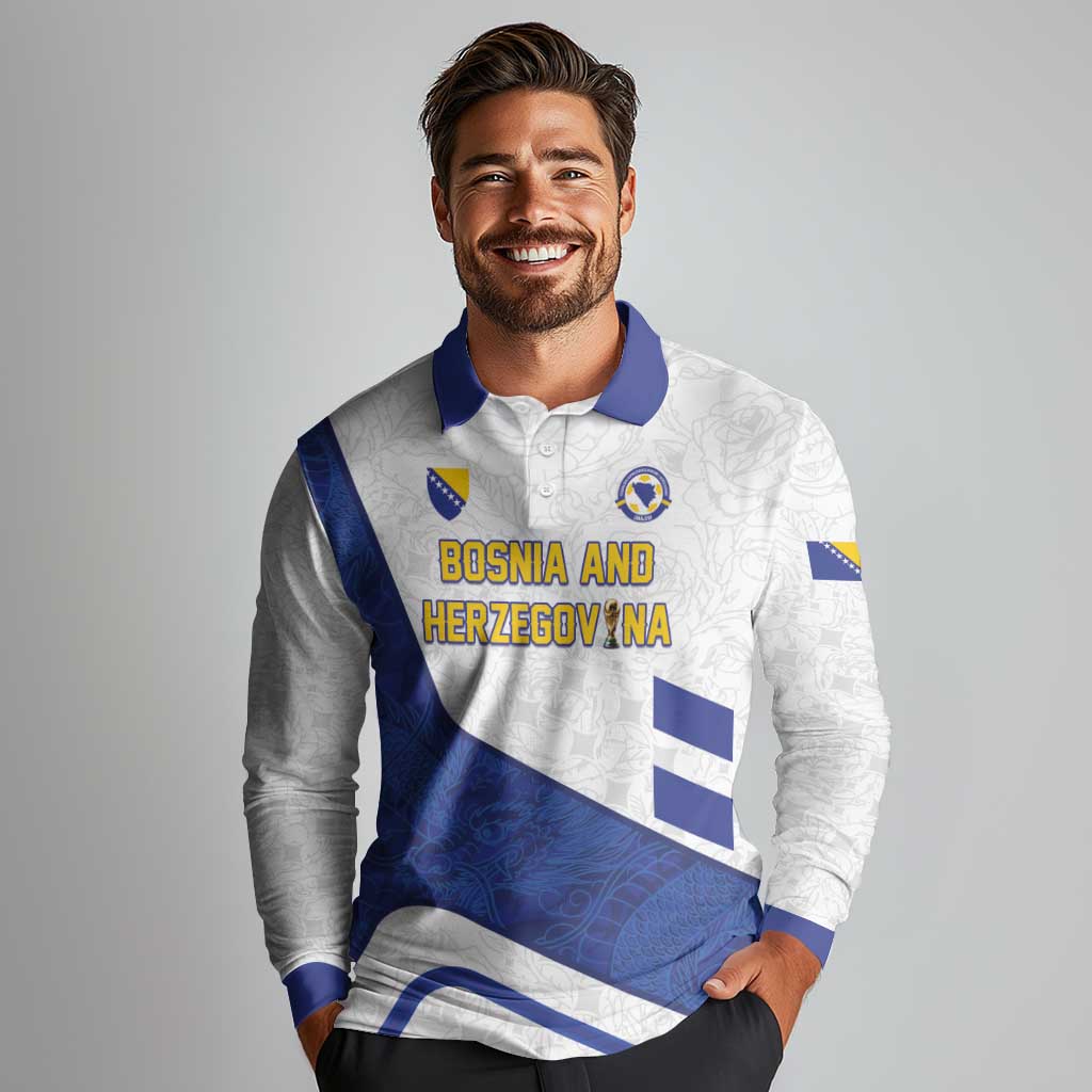 Custom Football 2026 Bosnia and Herzegovina White Long Sleeve Polo Shirt Zmajevi Go Champion