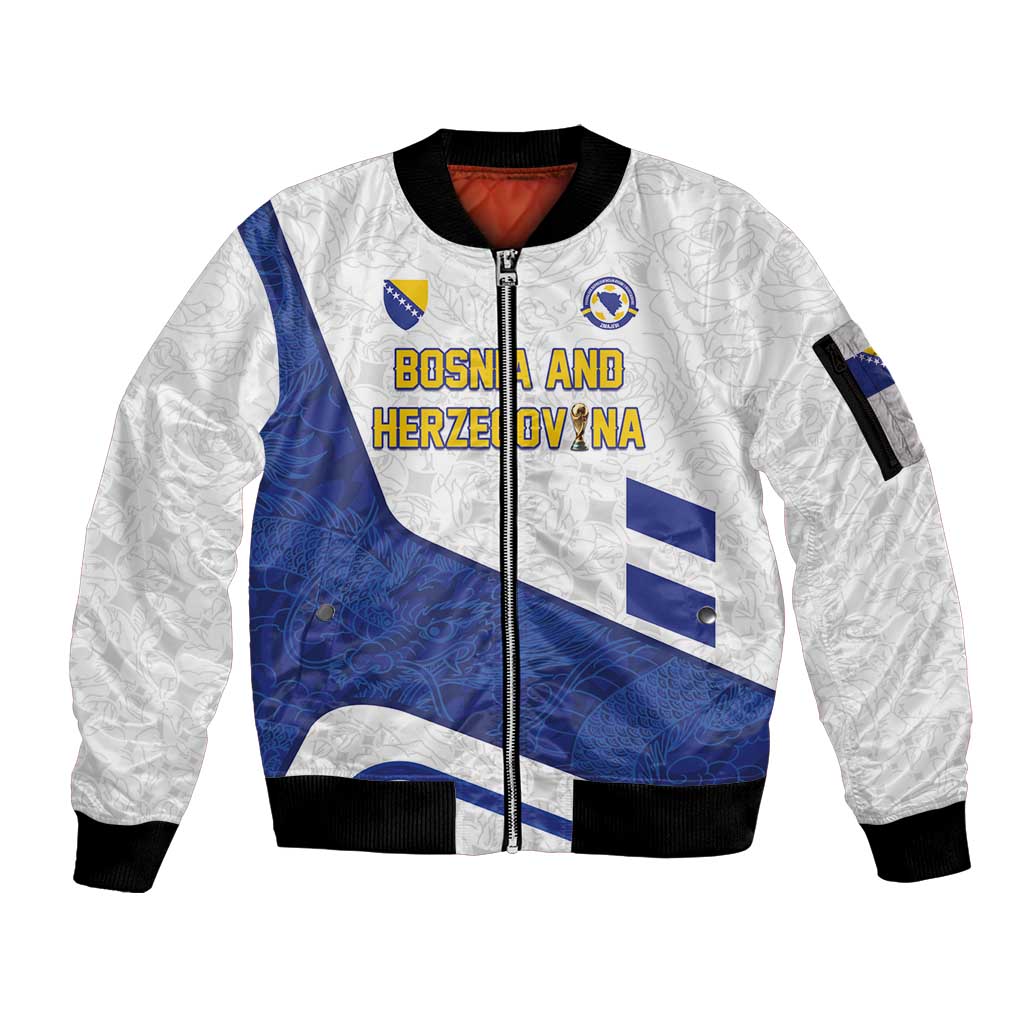 Custom Football 2026 Bosnia and Herzegovina White Sleeve Zip Bomber Jacket Zmajevi Go Champion