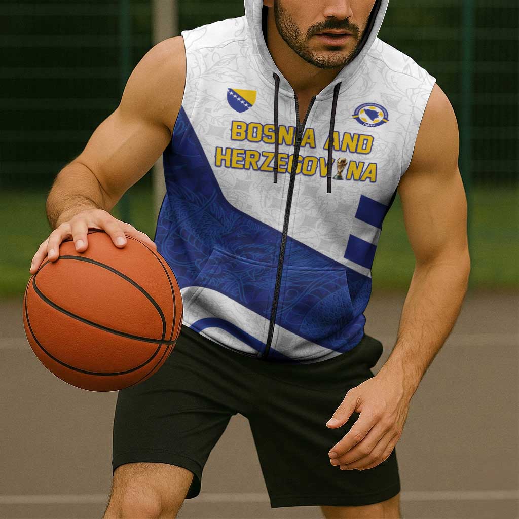 Custom Football 2026 Bosnia and Herzegovina White Sleeveless Zip Hoodie Zmajevi Go Champion