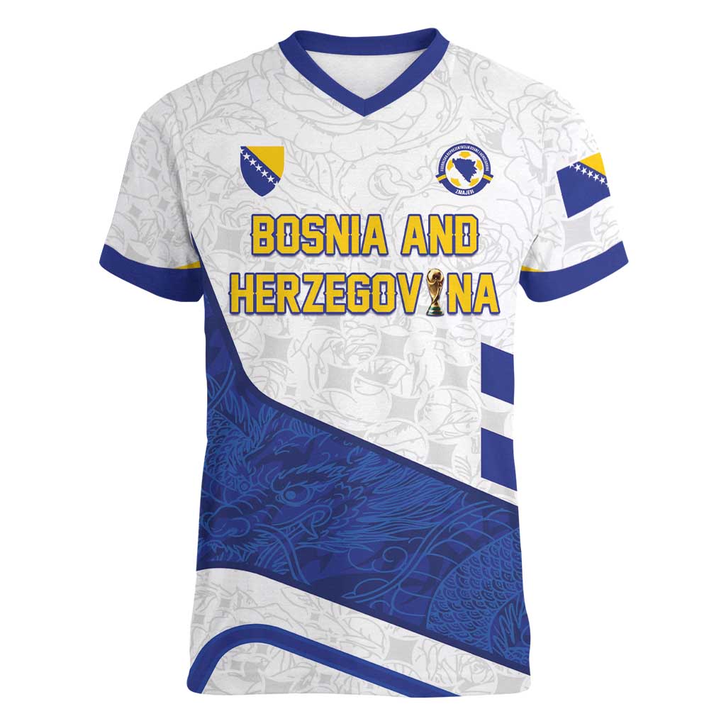 Custom Football 2026 Bosnia and Herzegovina White Women V-Neck T-Shirt Zmajevi Go Champion