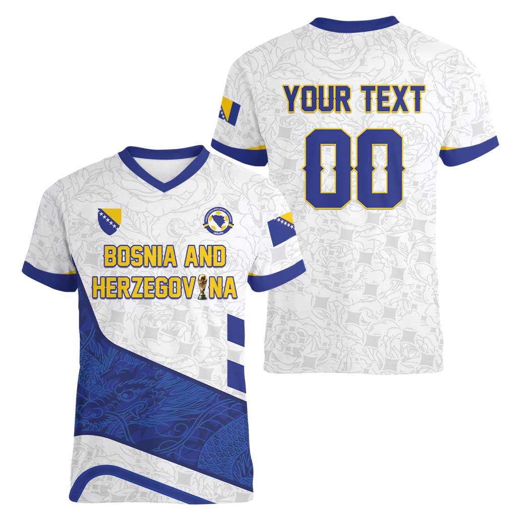 Custom Football 2026 Bosnia and Herzegovina White Women V-Neck T-Shirt Zmajevi Go Champion