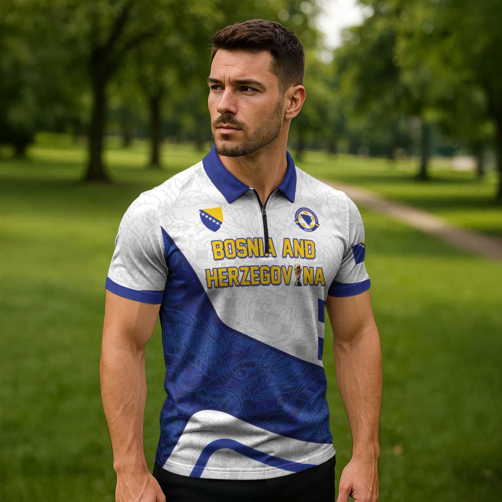 Custom Football 2026 Bosnia and Herzegovina White Zipper Polo Shirt Zmajevi Go Champion