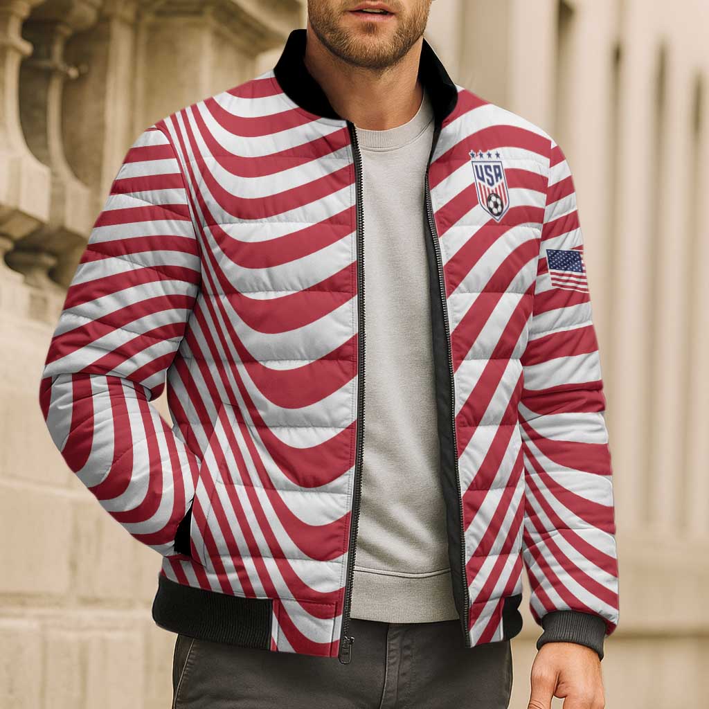 Custom Soccer 2026 USA Bomber Puffer Jacket Wave Flag Stylized