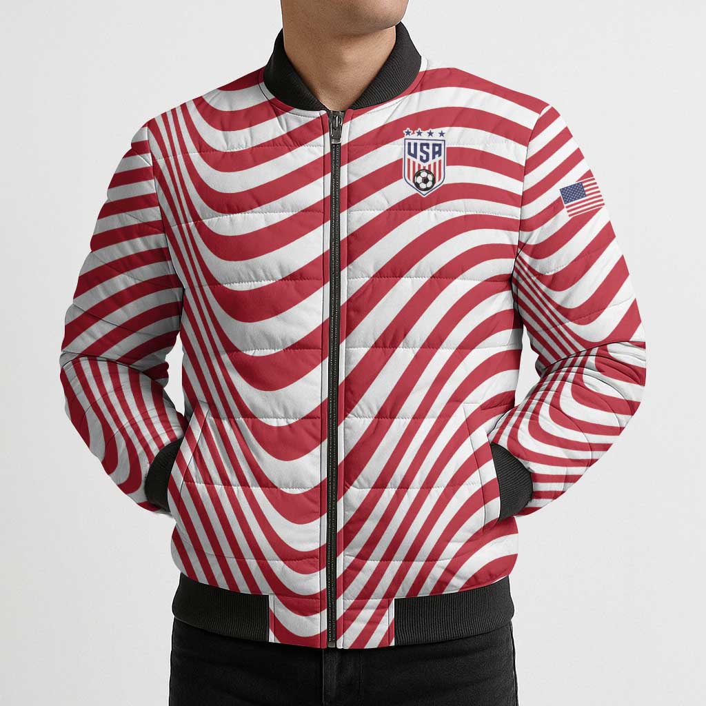 Custom Soccer 2026 USA Bomber Puffer Jacket Wave Flag Stylized